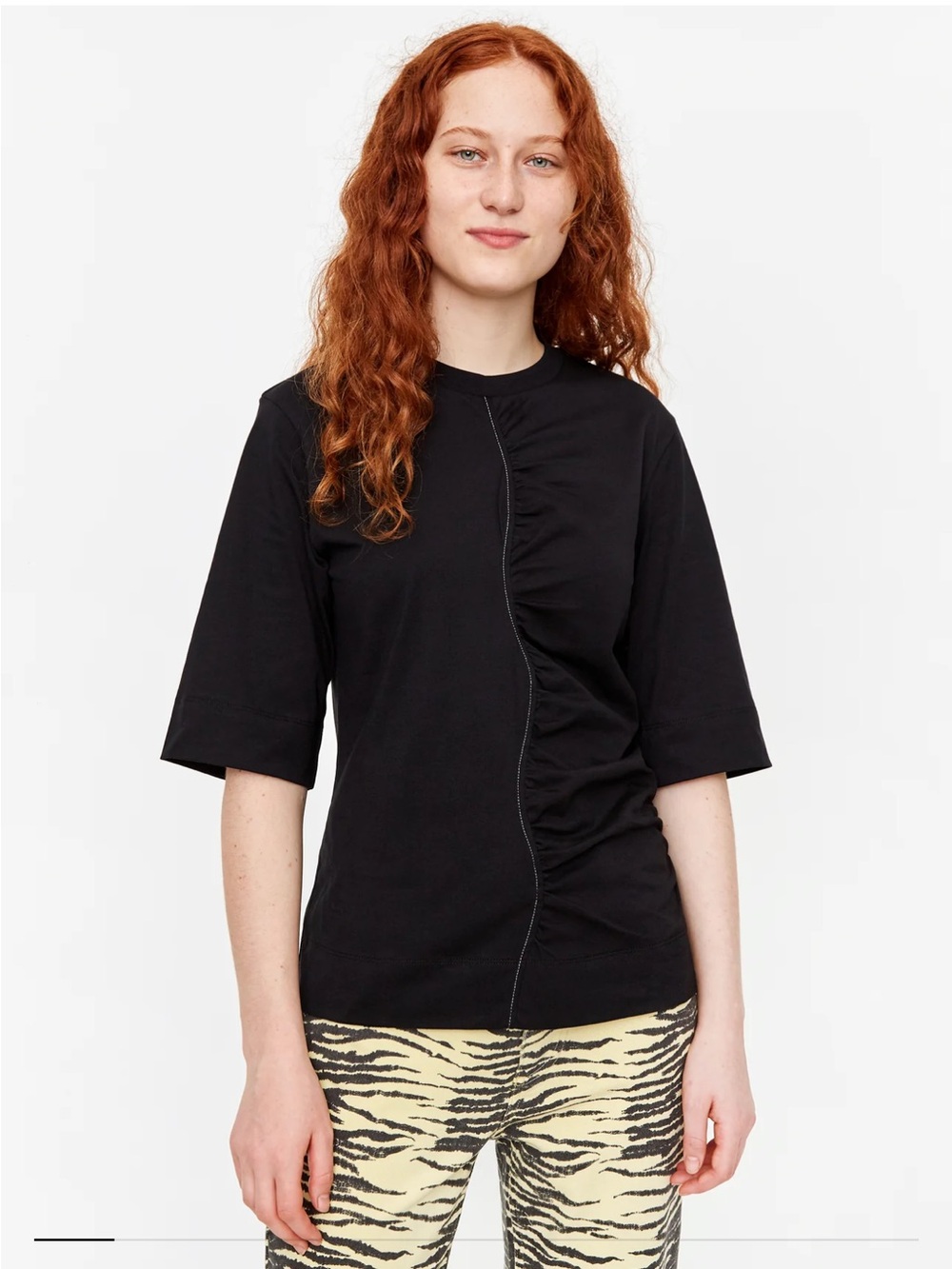 Ganni Cotton Jersey Rouched Shortsleeve T-Shirt in Black